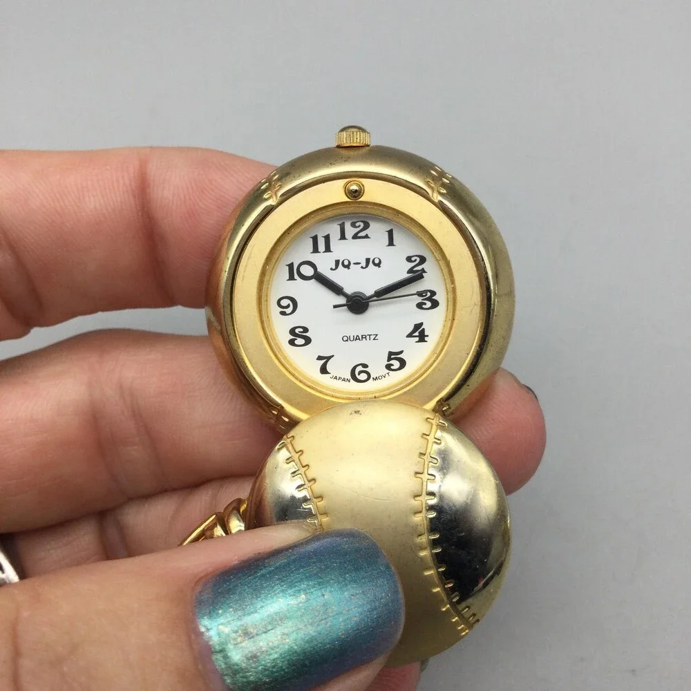 JQ-JQ Key Ring Watch Mens 31.4mm White Dial Gold Tone Baseball New Battery